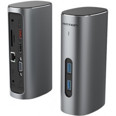 Докстанция Vention TPJH0-TY <USB-C to HDMI/VGA/USB 3.1 Gen 2/USB 3.1 Gen 2-C/USB 3.0x2/RJ45/SD/TF/TRRS 3.5mm/PD/DC Docking Station Gray Vertical Aluminum Alloy Type EU Standard>