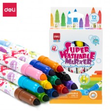 Фломастеры Deli "Super Washable", 12 цветов, круглый корпус, картонная упаковка