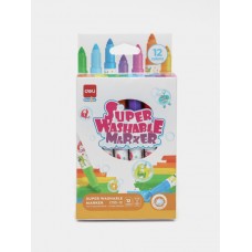 Фломастеры Deli "Super Washable", 12 цветов, круглый корпус, картонная упаковка