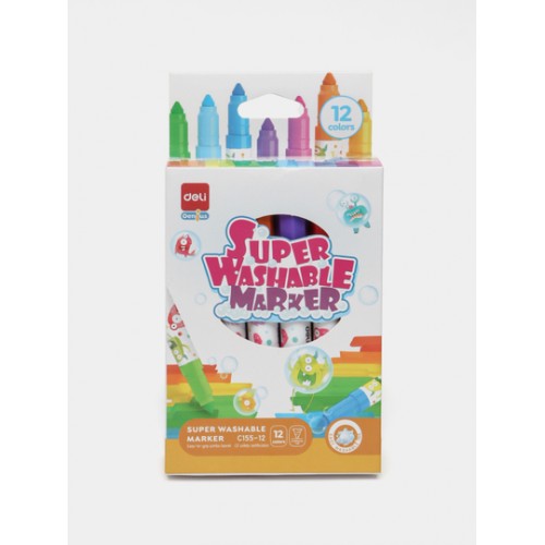 Фломастеры Deli "Super Washable", 12 цветов, круглый корпус, картонная упаковка