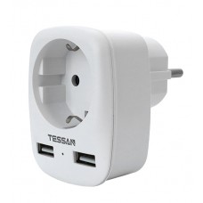 Сетевой фильтр + зарядка Tessan TS-611-DE, 1 розетка, 16A, 2 USB 2.4A max, white