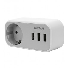 Сетевой фильтр + зарядка Tessan TS-329, 1 розетка, 16A, 3 USB 2.4A max, grey