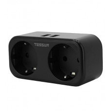 Сетевой фильтр + зарядка Tessan TS-321-DE, 2 розетки, 16A, 2 USB 2.4A max, black